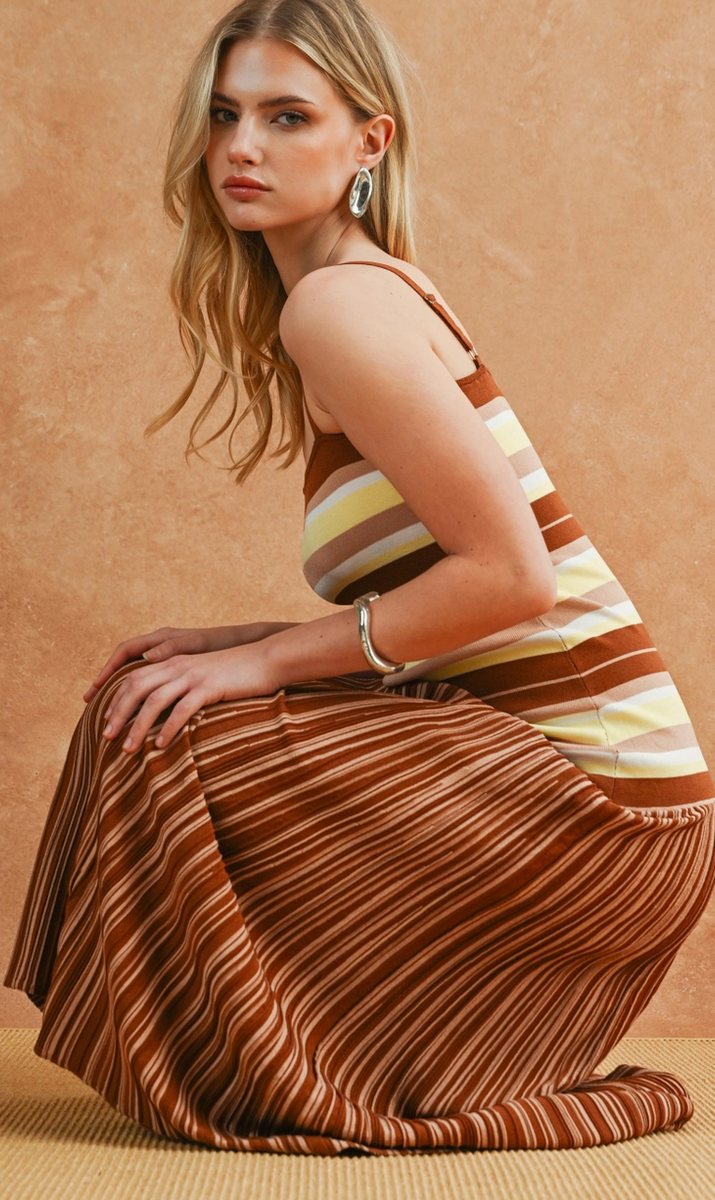 Brown Color Block Stripe Knit Dress