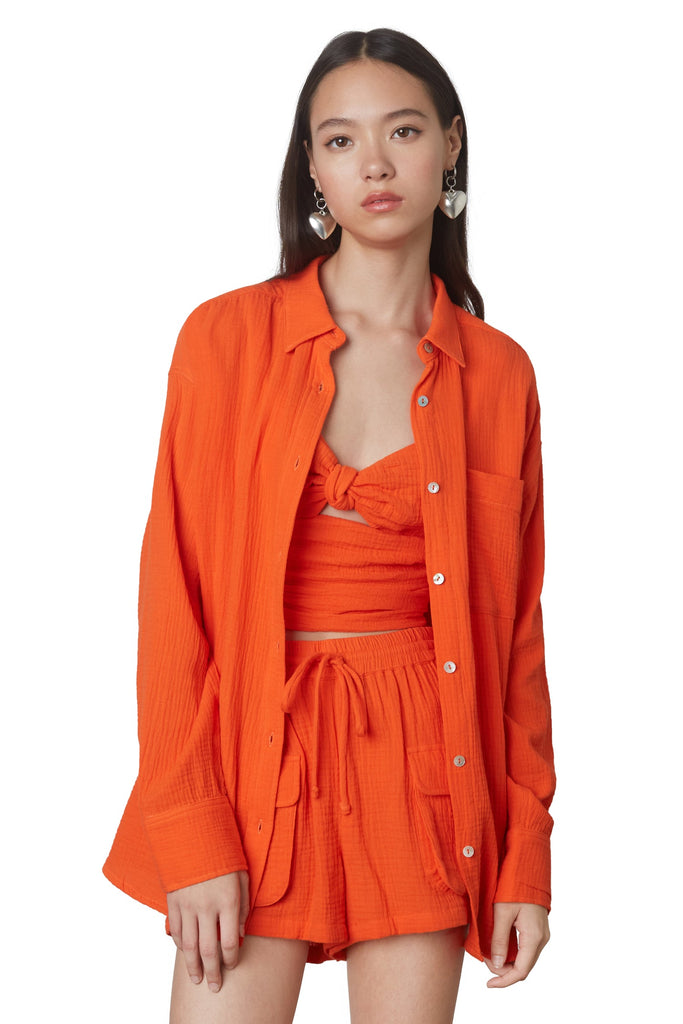 Orange Gauze Boyfriend Shirt with shorts and top