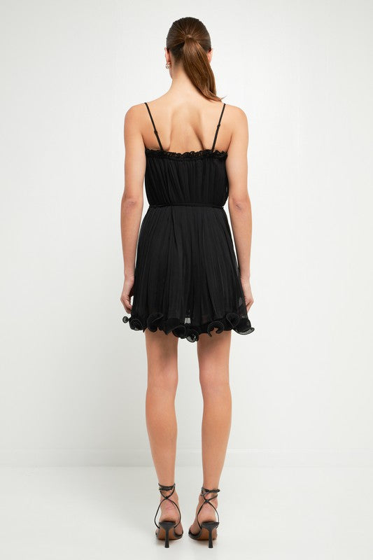 Back View - Black Pleated Chiffon Ruffle Mini Dress