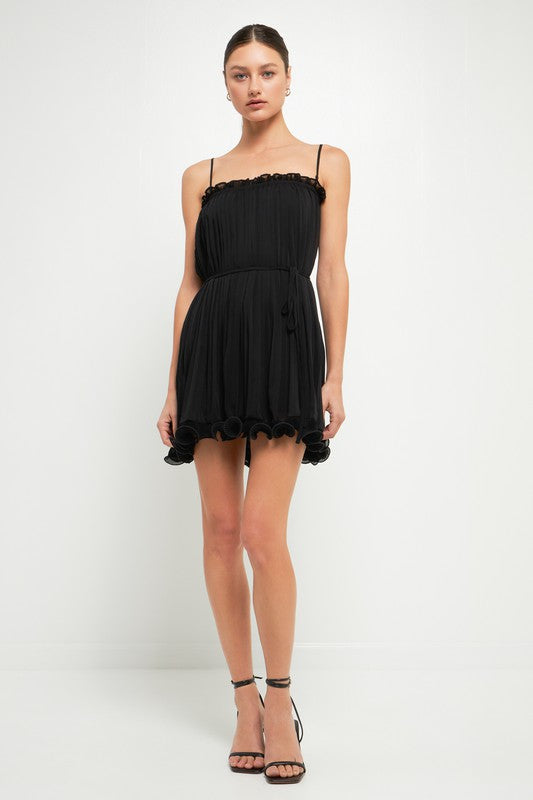 Black Pleated Chiffon Ruffle Mini Dress with Heels