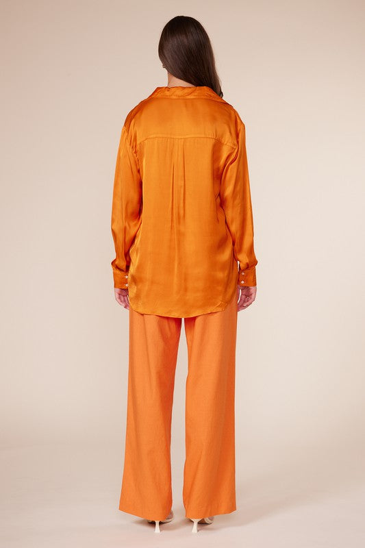 Back View - Orange Elena Button Down Silky Top