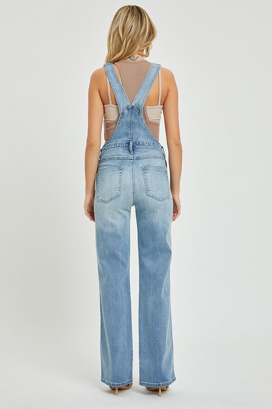 Back View - Risen Medium Wash Straight Leg Overalls
