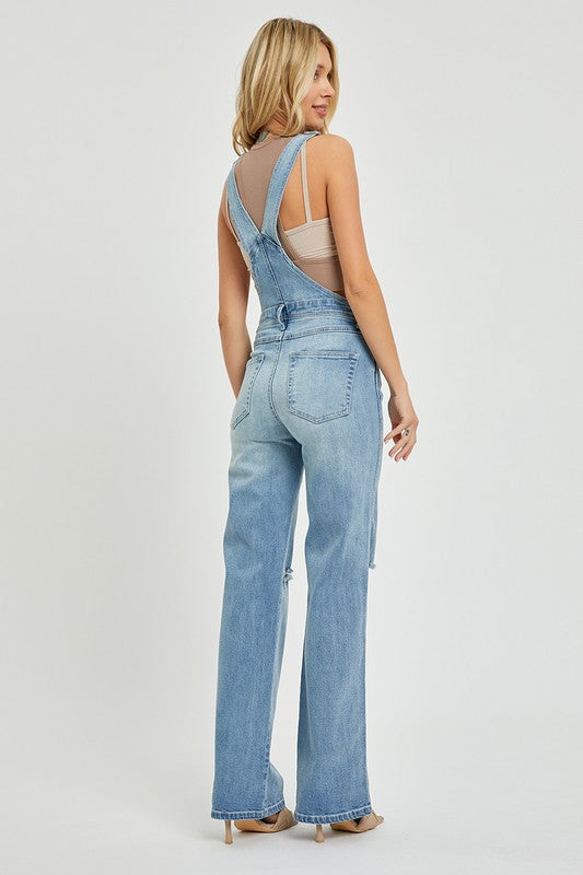 Side Back View - Risen Medium Wash Straight Leg Overalls