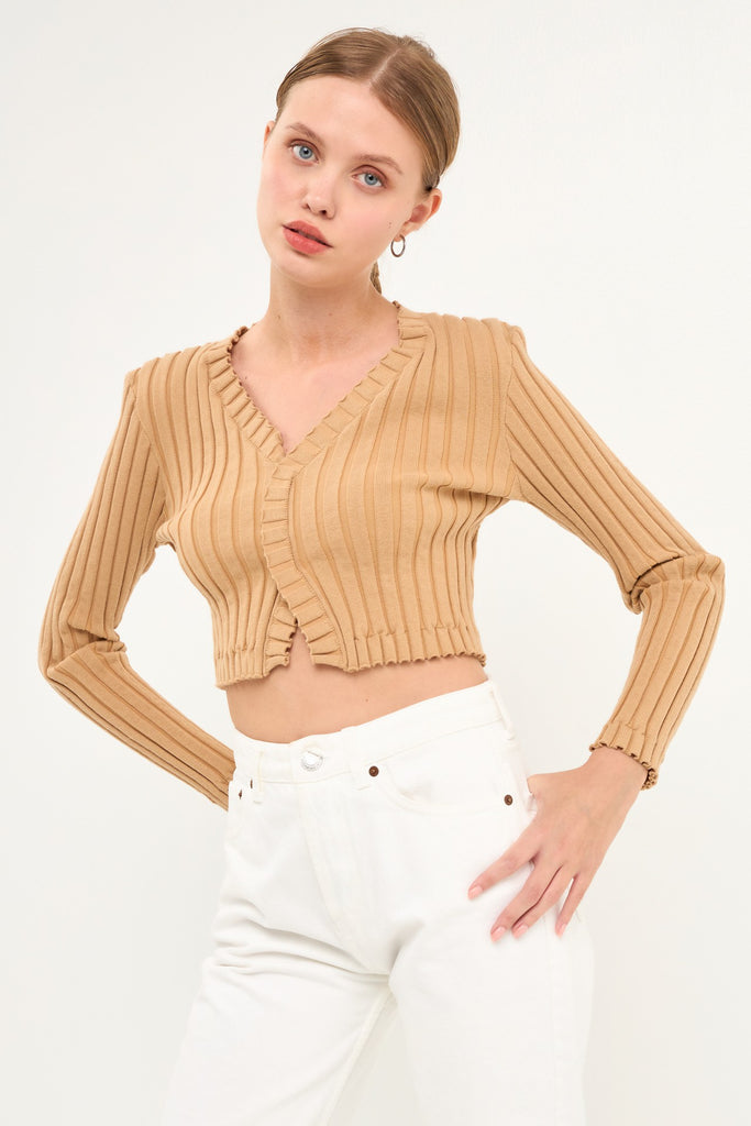 Camel Long Sleeve Ruffled Knit