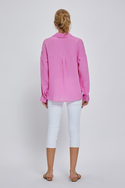 Back view - Fuchsia Long Sleeve Button Up