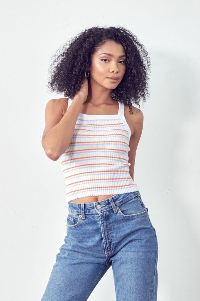 Orange Stripe Cropped Square Neck Knit Tank