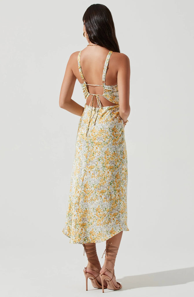 Sandrine Floral Halter Midi Dress Cream Yellow with Heels