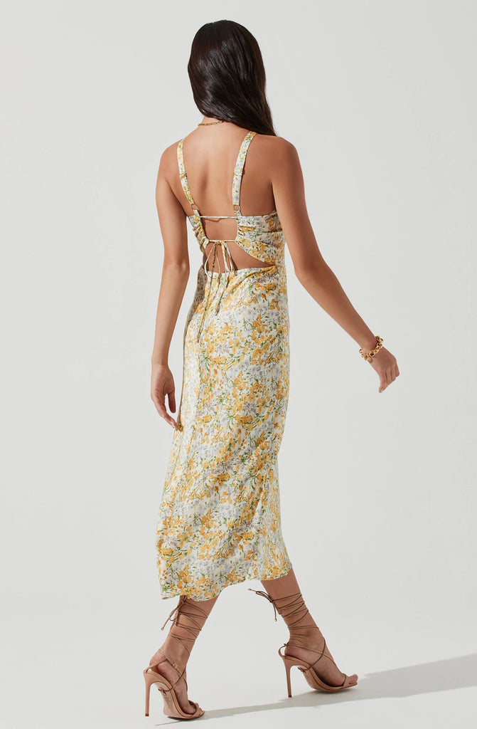Back View - Sandrine Floral Halter Midi Dress Cream Yellow