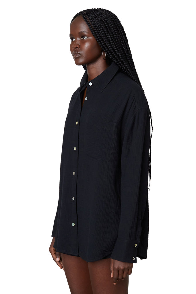 Side View - Black Gauze Boyfriend Shirt