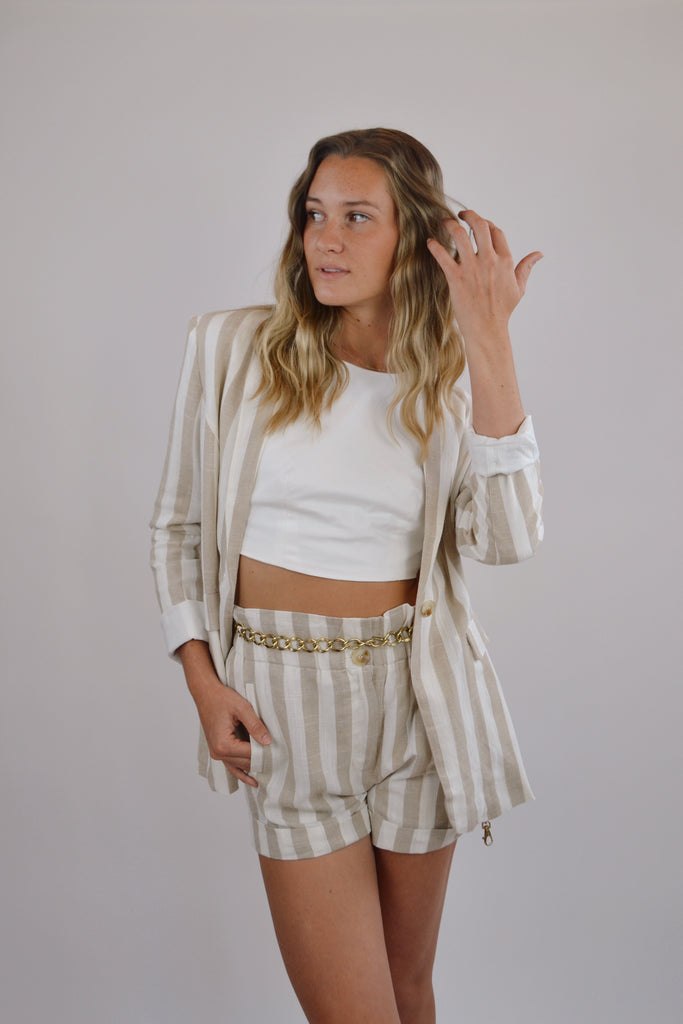 Tan Striped Blazer open with top